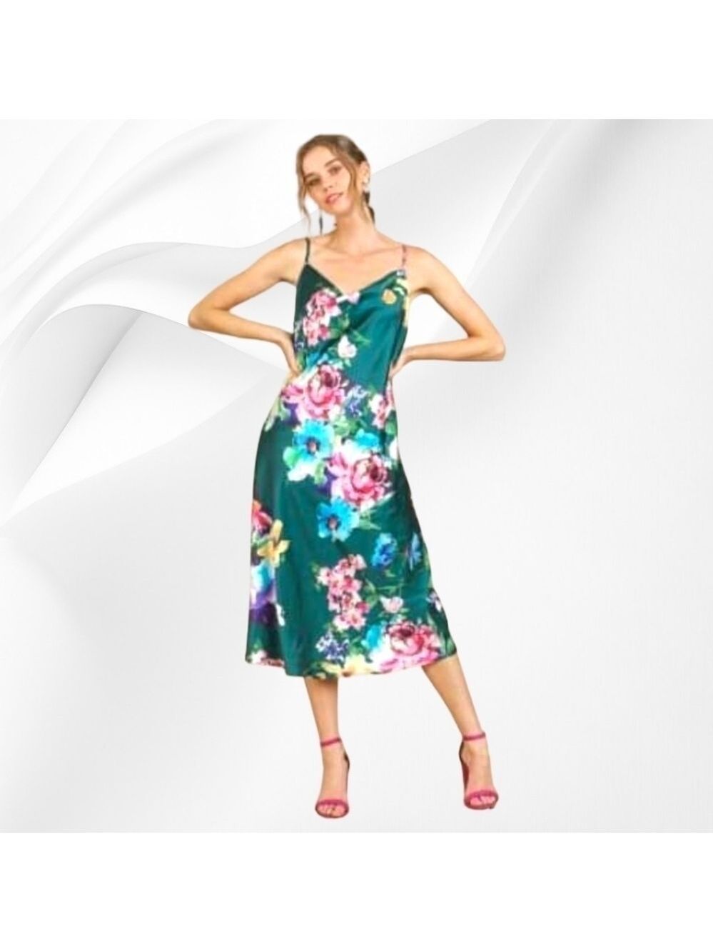 UMGEE | Floral Print Sleeveless Cowl Neck Midi Slip Dress